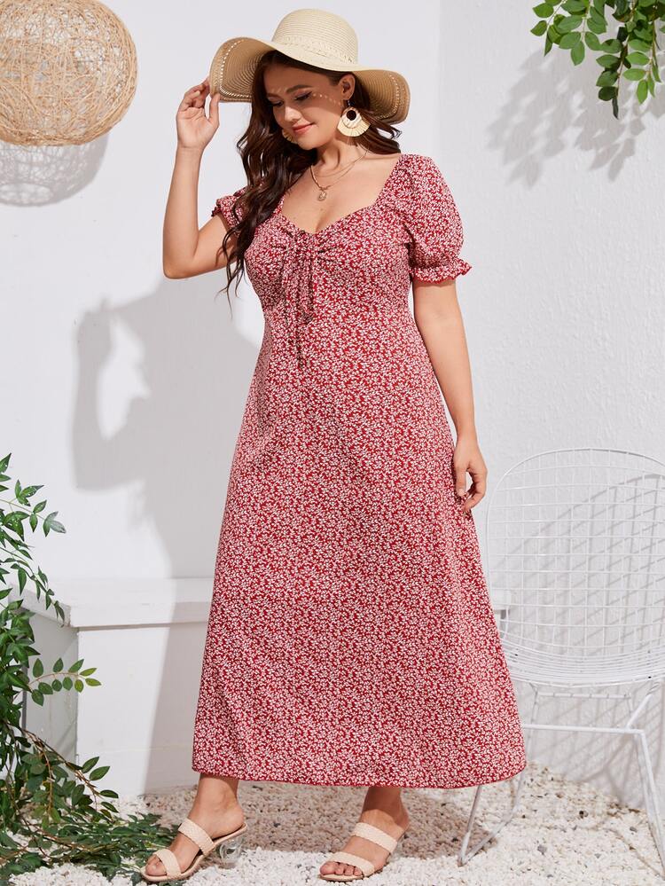 Mulvari Đầm Plus Size Dây kéo Xù Họa tiết hoa Boho - Đỏ - Xem 5