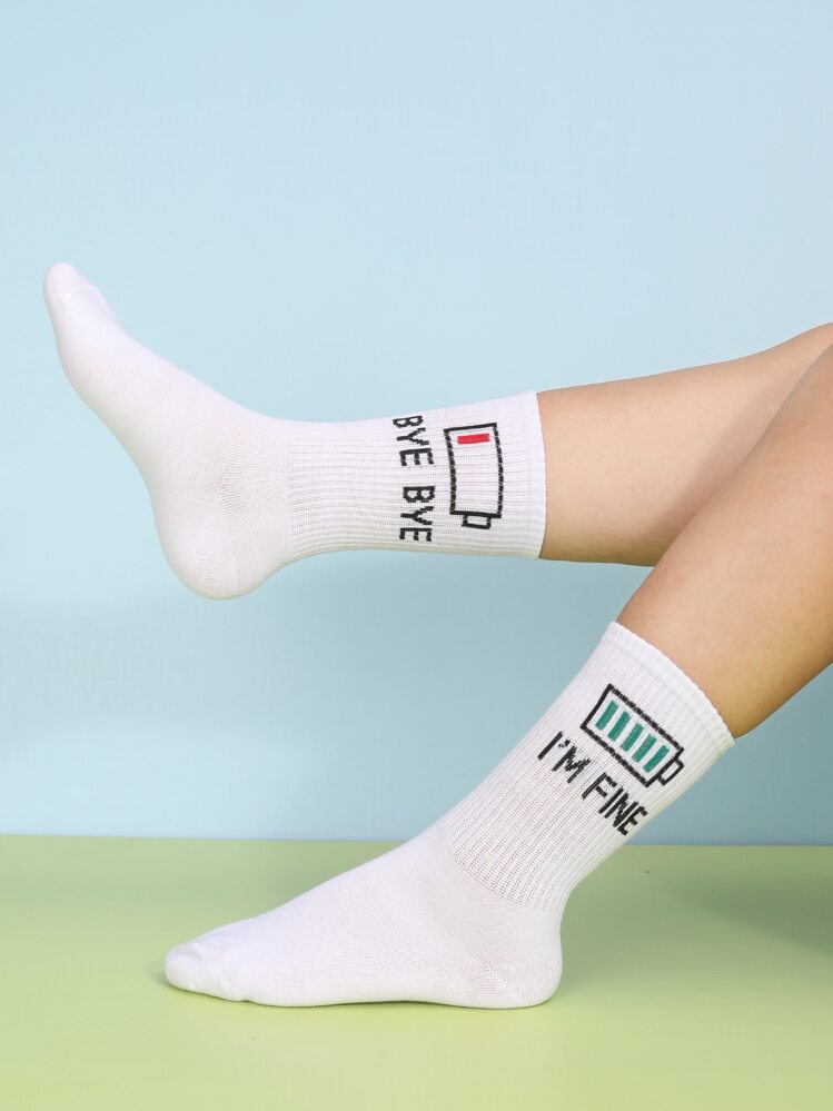 Letter Graphic Crew Socks - White - View 2