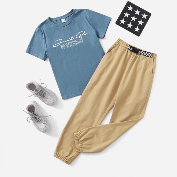 

Boys Letter Graphic Tee & Belted Pants Set, Multicolor