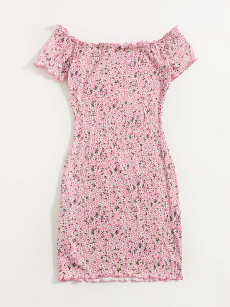 Soleia Ditsy Floral Print Off Shoulder Lettuce Edge Dress - Pink - View 2