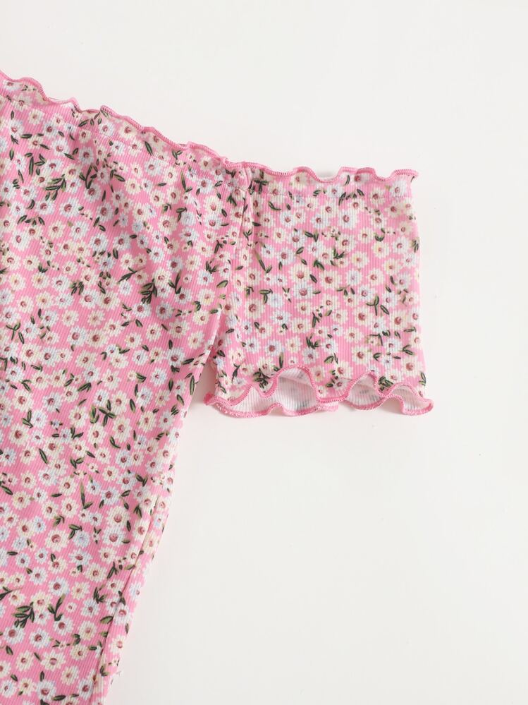 Soleia Ditsy Floral Print Off Shoulder Lettuce Edge Dress - Pink - View 4