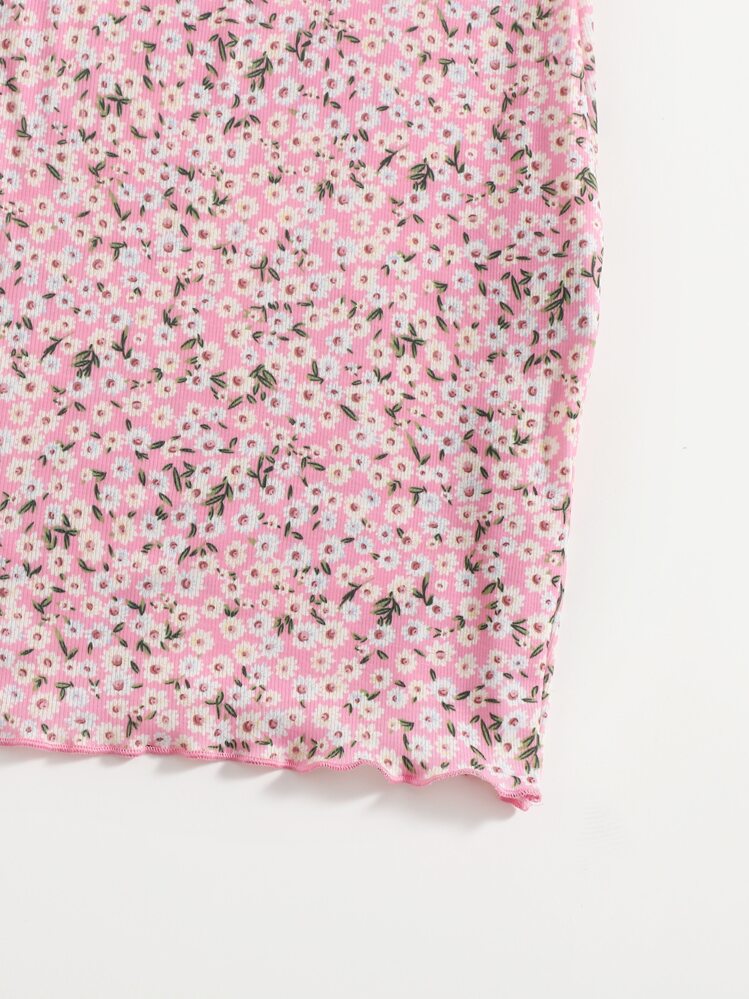 Soleia Ditsy Floral Print Off Shoulder Lettuce Edge Dress - Pink - View 5