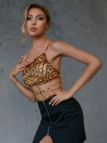 Double Crazy Tie Dye Lace Up Backless Top - Brown - View 4