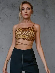 Double Crazy Tie Dye Lace Up Backless Top - Brown - View 6