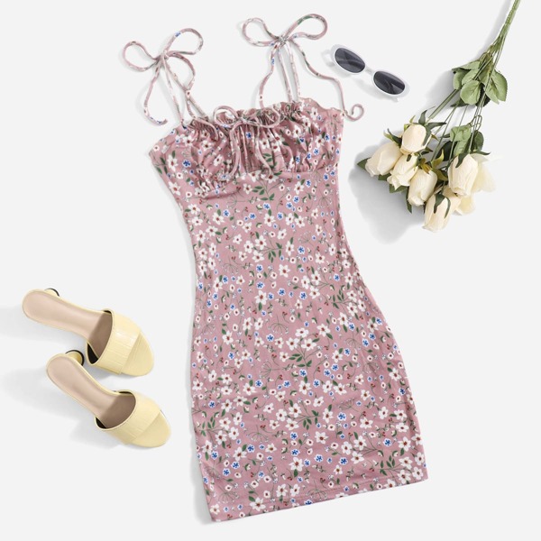 

Frilled Strap Tie Front Ditsy Floral Dress, Multicolor
