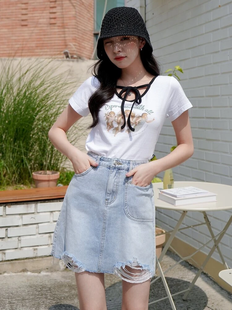 DAZY ダメージ ローヘムデニム スカート | SHEIN JAPAN