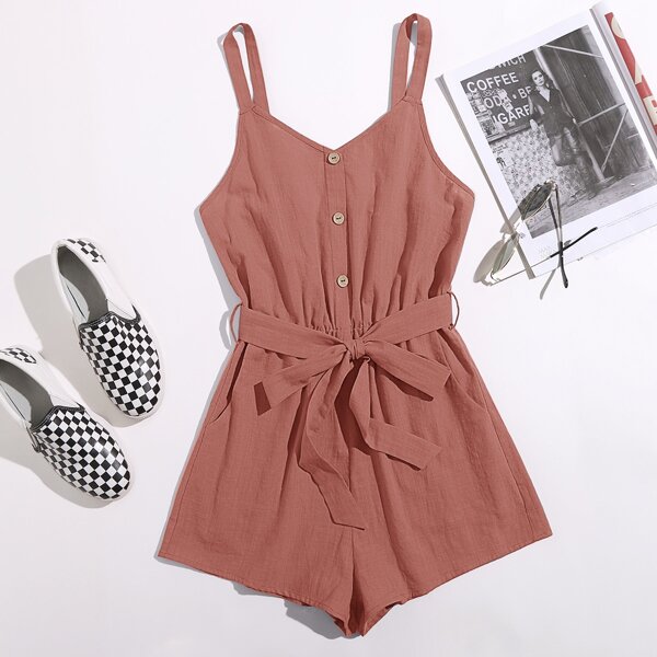 

Button Front Wide Leg Belted Cami Romper, Dusty pink