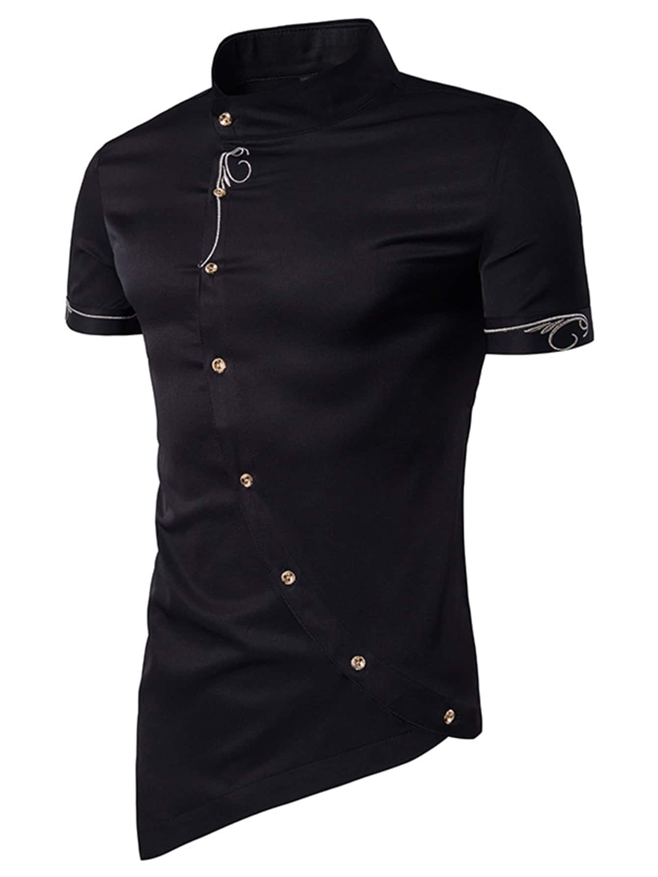Manfinity Homme Men Asymmetrical Hem Button Front Shirt - Black - View 1