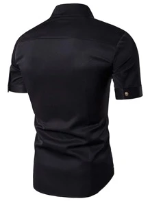 Manfinity Homme Hombres Camisa bajo asimétrico con botón delantero - Negro - Ver 2