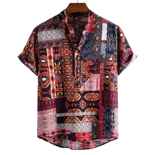 

Men Random Print Stand Collar Shirt, Multicolor