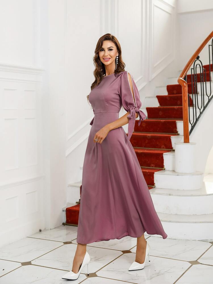 Vestido de manga con abertura con nudo - Morado - Añade 1