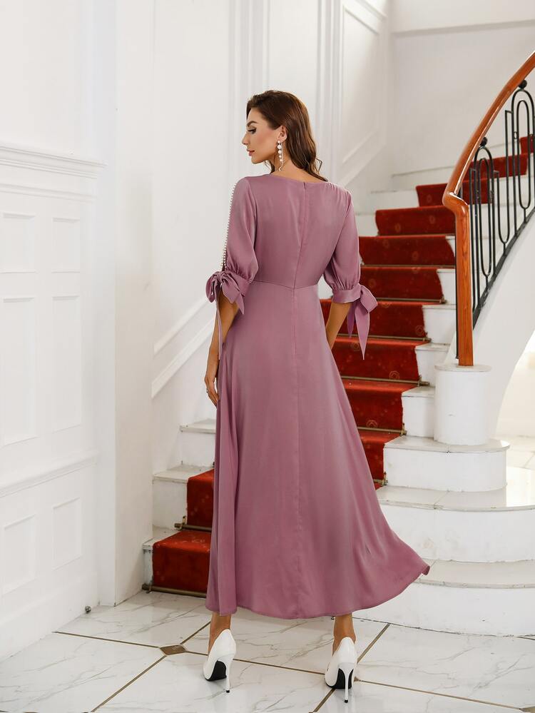 Vestido de manga con abertura con nudo - Morado - Añade 2