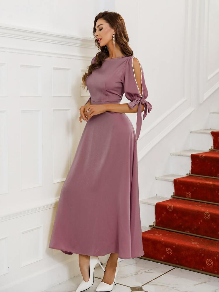 Vestido de manga con abertura con nudo - Morado - Añade 3