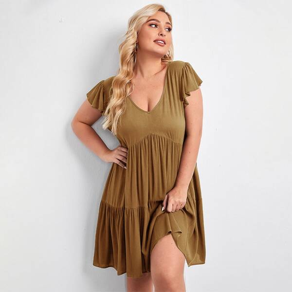 

Plus Butterfly Sleeve Smock Dress, Khaki