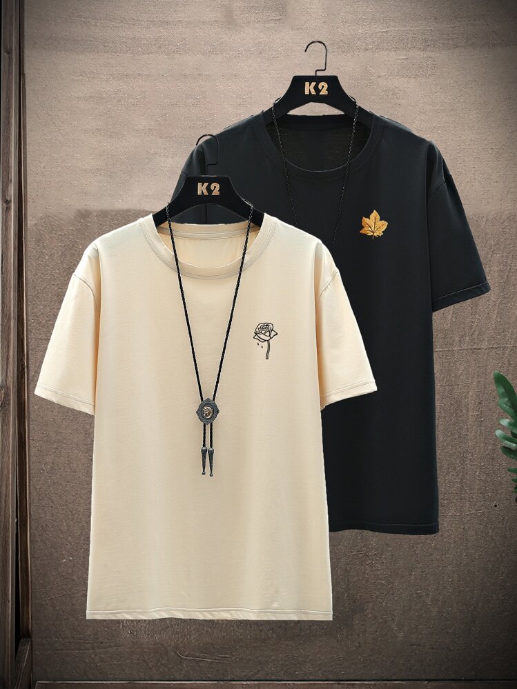 Manfinity 2 piezas camiseta con estampado de rosa y hoja - Multicolor - Añade 1