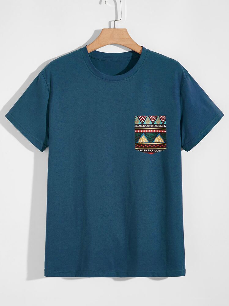 Manfinity Homme Hombres Camiseta con estampado geométrico con bolsillo - Azul Marino - Añade 1