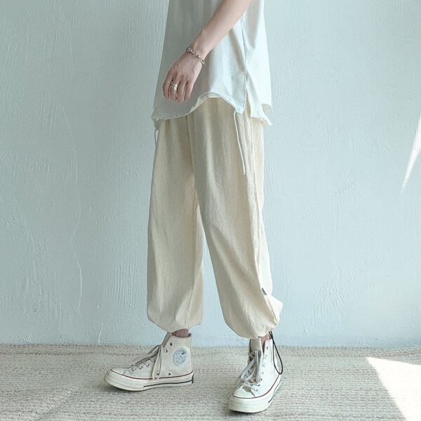 

Men Solid Drawstring Hem Pants, Beige