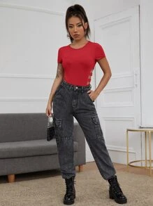 SHEIN BAE Cut Out High Leg Bodysuit - Red - View 5