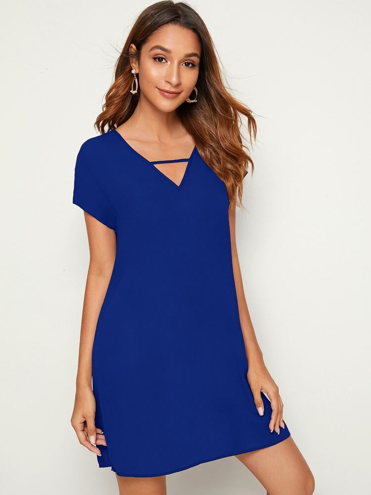 SHEIN LUNE Batwing Sleeve Solid Dress - Royal Blue - View 4
