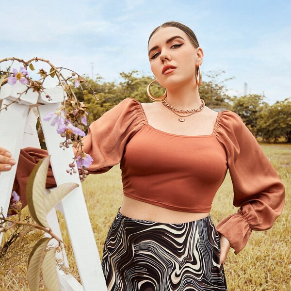 

Plus Solid Bishop Sleeve Square Neck Crop Top, Burnt orange
