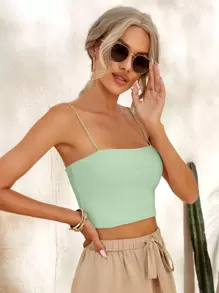 SHEIN Essnce Top de tirantes corto unicolor tejido de canalé - verde menta - Ver 1