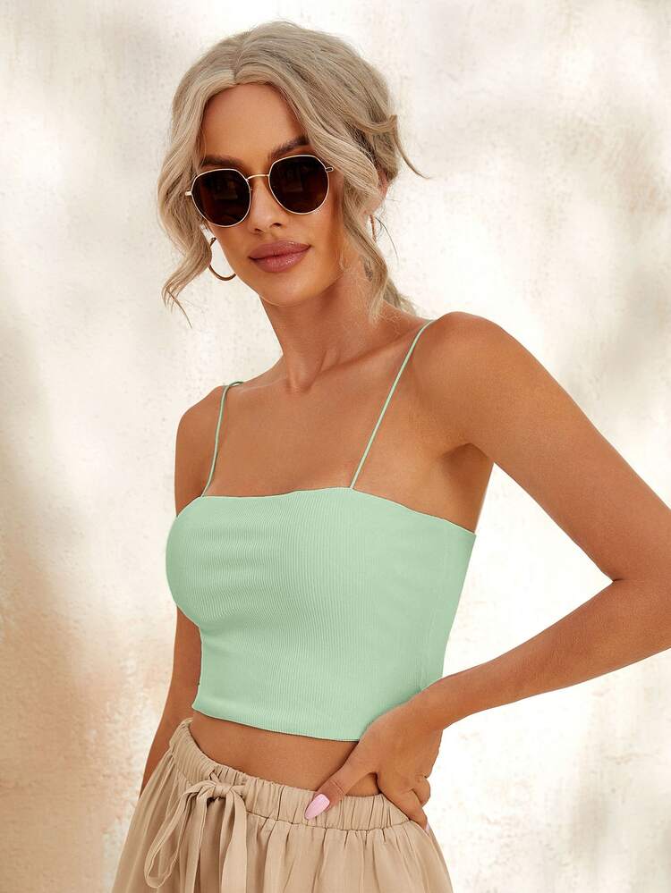 SHEIN Essnce Rib-knit Solid Crop Cami Top - Mint Green - View 4
