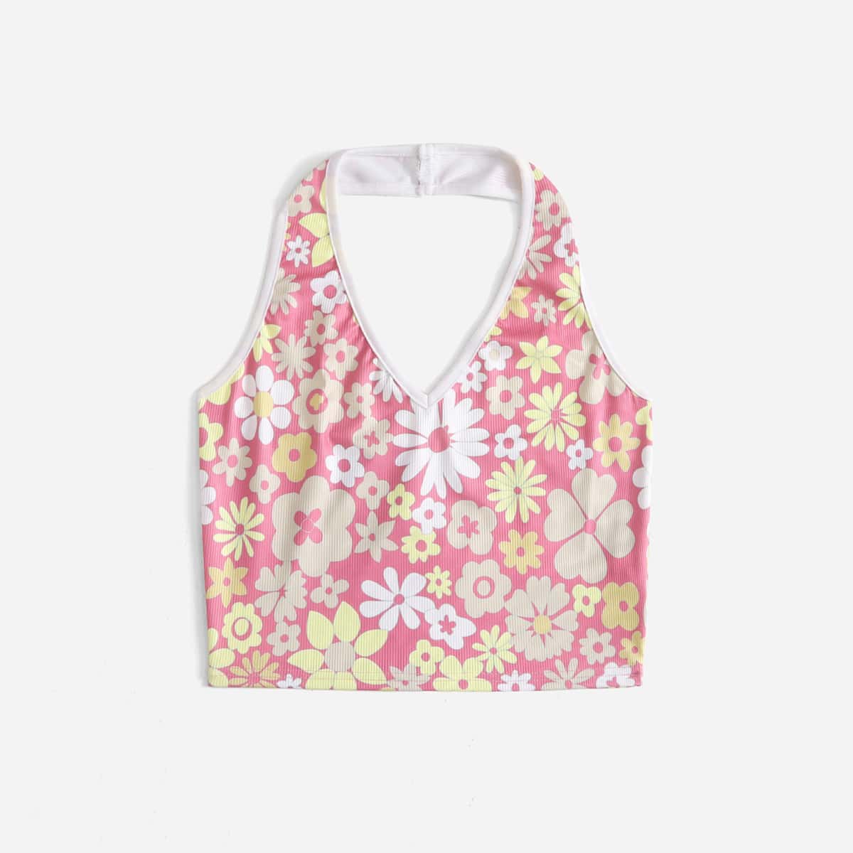 

Floral Print Ribbed Halter Top, Multicolor