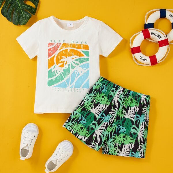 

Toddler Boys Letter Graphic Tee With Tropical Print Shorts, Multicolor
