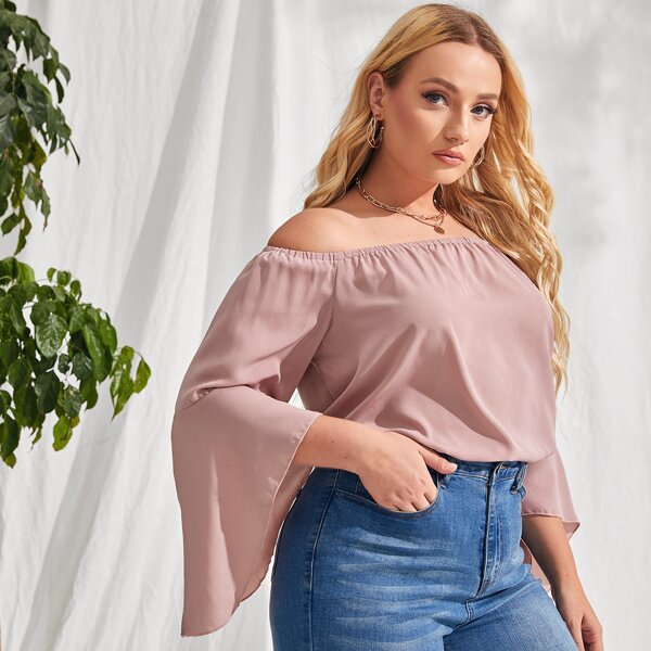 

Plus Solid Off The Shoulder Bell Sleeve Blouse, Dusty pink