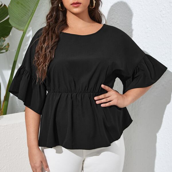 

Plus Solid Flounce Sleeve Peplum Blouse, Black