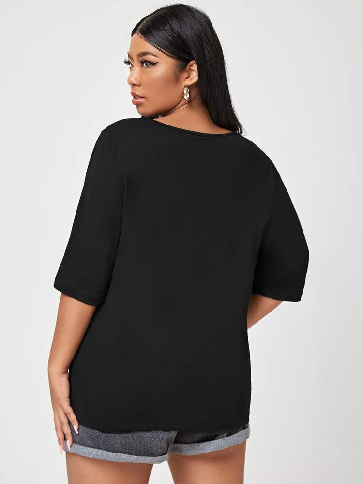 SHEIN Unity Áo thun Plus size Ren lên màu trơn Giải trí - màu đen - Xem 2