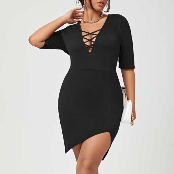 

Plus Criss Cross Asymmetrical Hem Bodycon Dress, Black