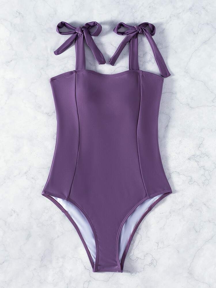 Tie Shoulder One Piece Swimsuit, For Summer Beach Vacation - Purple - View 3