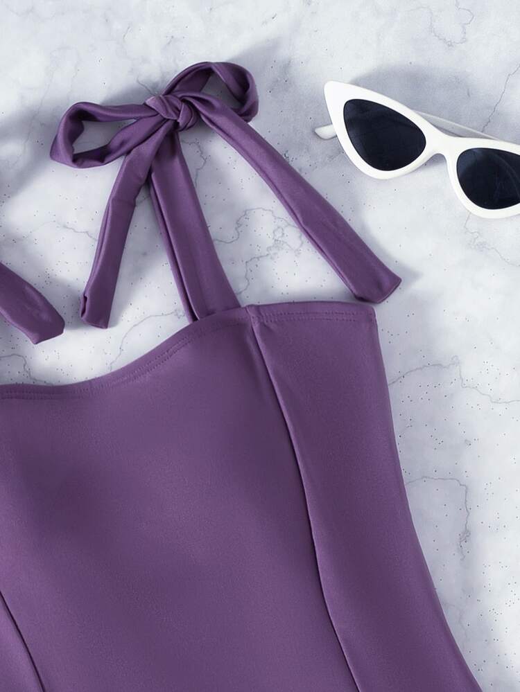 Tie Shoulder One Piece Swimsuit, For Summer Beach Vacation - Purple - View 4