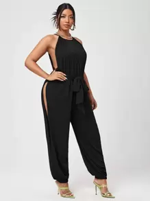 Calvaya Jumpsuit unicolor con abertura con cinturón - Negro - Ver 1