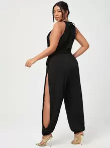 Calvaya Jumpsuit unicolor con abertura con cinturón - Negro - Ver 2