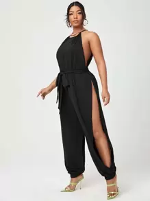 Calvaya Jumpsuit unicolor con abertura con cinturón - Negro - Ver 4