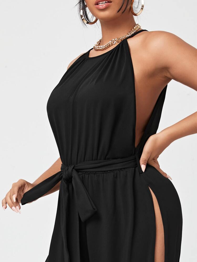 Calvaya Jumpsuit unicolor con abertura con cinturón - Negro - Añade 5