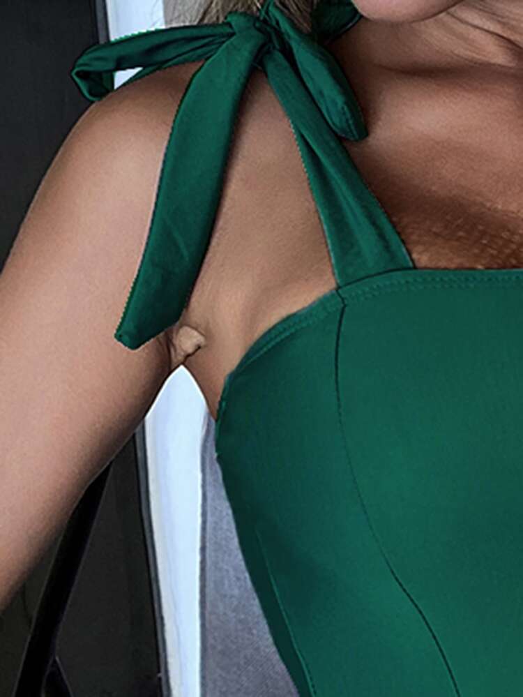 Tie Shoulder One-Piece Swimsuit, For Summer Beach Vacation - Dark Green - View 4