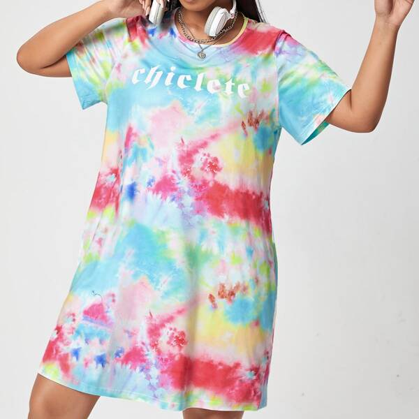 

Plus Tie Dye Letter Graphic Tee Dress, Multicolor