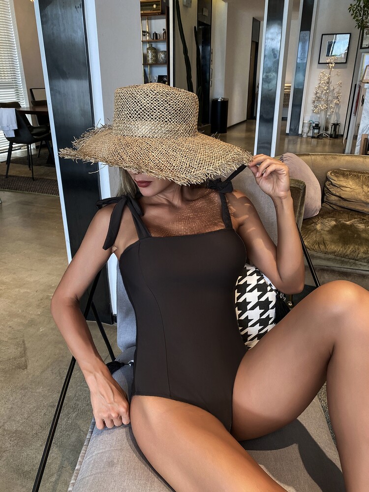 Tie Shoulder One-Piece Swimsuit, For Summer Beach Vacation - Chocolate Brown - View 1