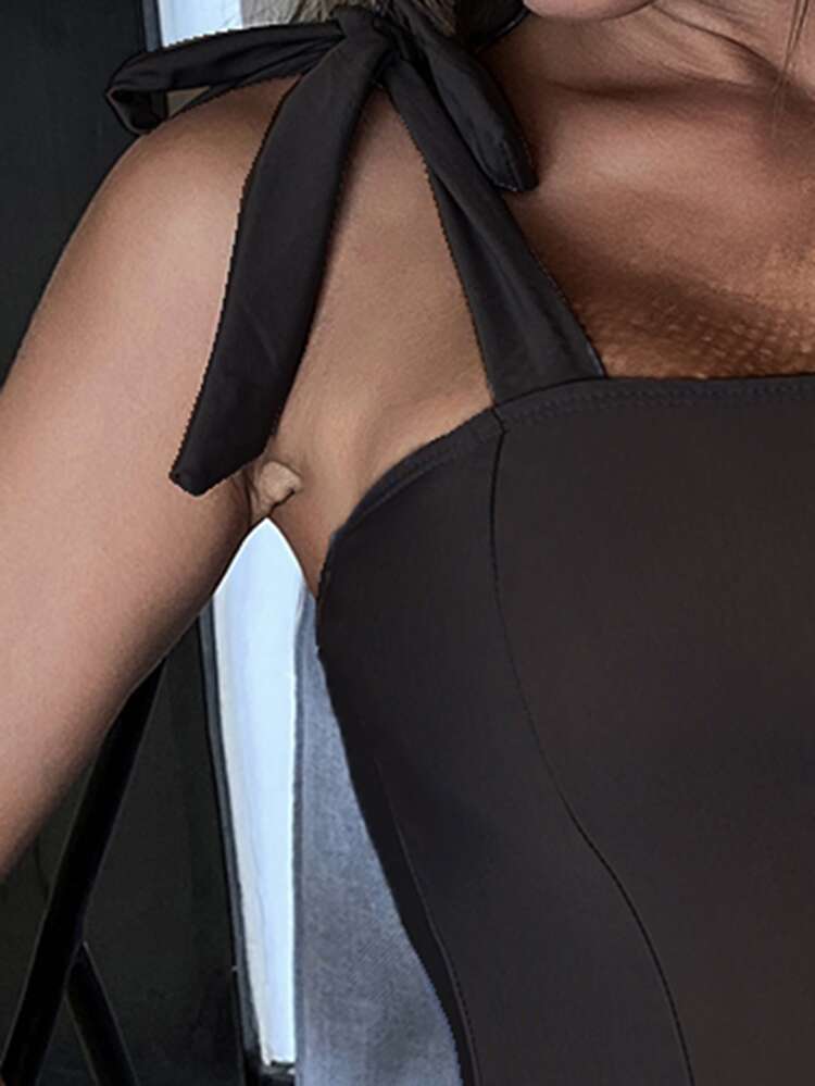 Tie Shoulder One-Piece Swimsuit, For Summer Beach Vacation - Chocolate Brown - View 4