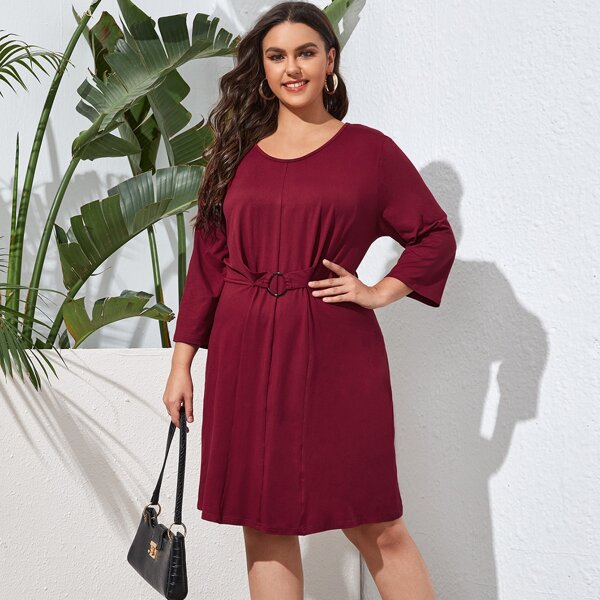 

Plus O-ring Tie Front Solid Dress, Burgundy
