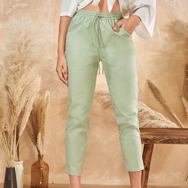 

Drawstring Waist Solid Pants, Mint green