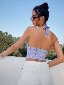 SHEIN Unity Áo hai dây Lộ Lưng Cắt ra Nhẫn Buộc lại Thú vật Gợi cảm - Nhiều màu - Xem 2