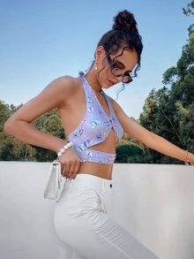 SHEIN Unity Áo hai dây Lộ Lưng Cắt ra Nhẫn Buộc lại Thú vật Gợi cảm - Nhiều màu - Xem 3