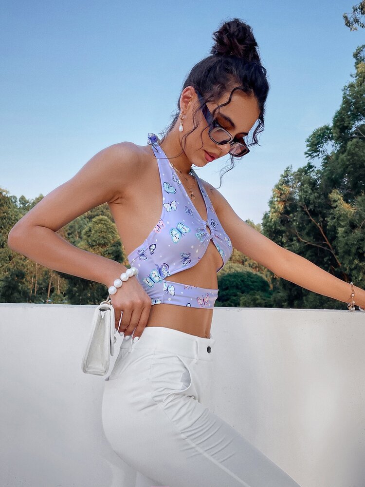 SHEIN Unity Áo hai dây Lộ Lưng Cắt ra Nhẫn Buộc lại Thú vật Gợi cảm - Nhiều màu - Xem 3