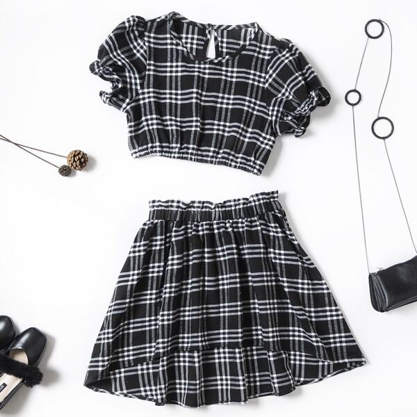 

Girls Plaid Puff Sleeve Blouse & High Low Skirt, Black