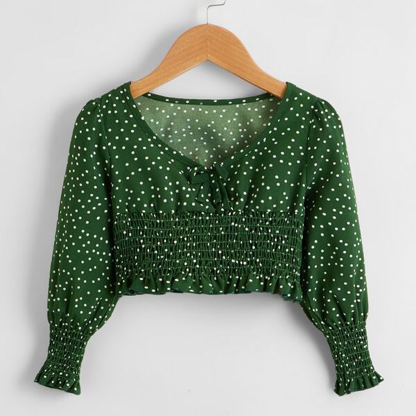 

Toddler Girls Polka Dot Bow Front Shirred Hem Blouse, Dark green