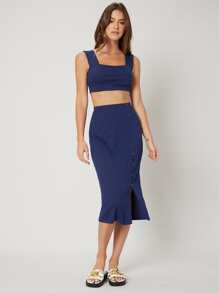 SHEIN EZwear Rib-Knit Slätt Enkel Linne & Cami - Marinblå - Visa 3